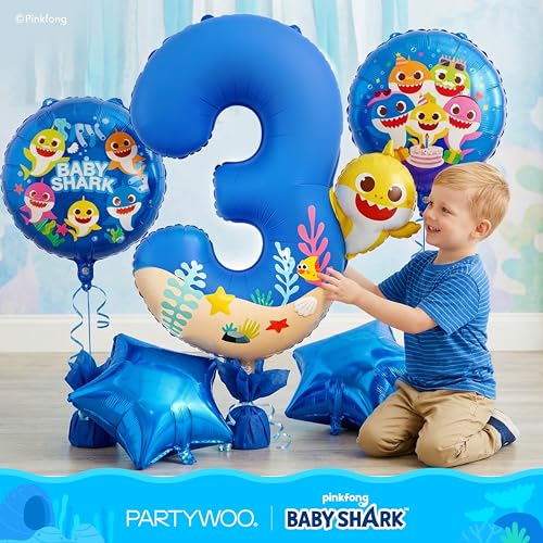 Image of PartyWoo Baby Shark Blue Foil Number 3 Balloon 5pcs 40 18 Inch Blue Round Star Mylar Helium Birthday Balloons for Boys and Girls Baby Shark Under the Sea Ocean Kids Third Birthday Party Decorations
