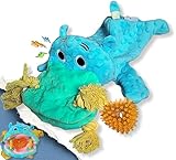 4 in 1 Squeaky Dog Toy - No Stuffing Dog Toy with Ropes, Squeaker & Surprise ball-like play item for Small Medium Large Breeds - for Chewing, Tug of war, Fetch-Soft Pet-Safe Materials-Blue Plush Hippo