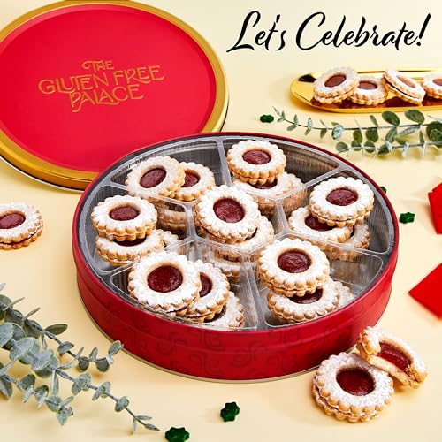 Image of Gluten Free Palace Cookie Gift Basket, Shortbread Linzer Tin (21 Cookies) | Gourmet gluten free shortbread Linzer tart cookies. Elegant red tin gift for Mom, wife, women & family.