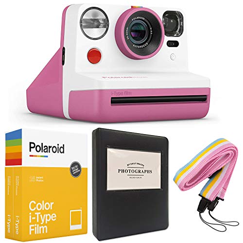 Polaroid Now i-Type Instant Camera - Pink + Polaroid Color i-Type Film (16 Sheets) + Black Album + Neck Strap - Gift Bundle