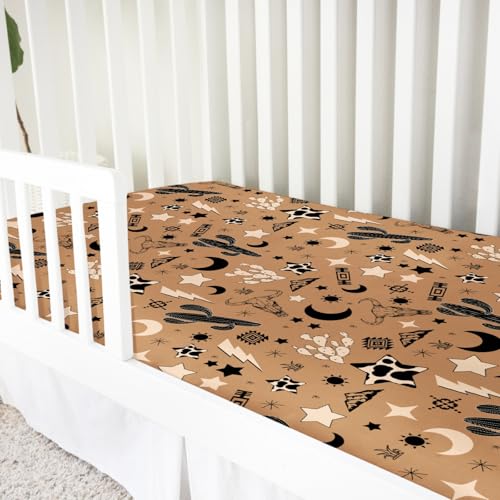 Image of Vintage Western Cowboy Baby Crib Sheet 52''x28'' Retro Cow Skull Cactus Sun Moon Stars Snug Fitted Crib Mattress Cover for Boy Girl Wild Plants Soft Baby Bed Sheet for Standard Crib Toddler Mattress