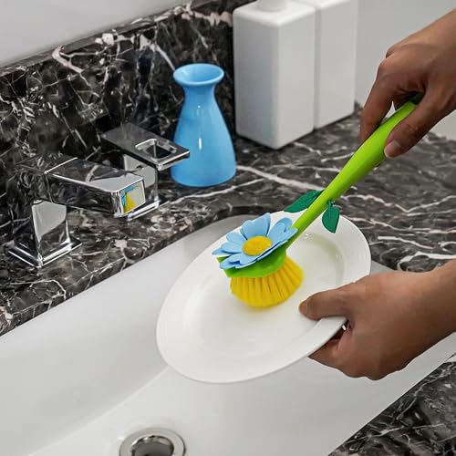 Image of Long Handle Flower Pot Brush, Florganic Dish Brush with Vase, Long Handle Dish Brushs Kitchen, for Cleaning Pot Pan Sink Kitchen Supplies Decorative Vase (2Pcs Pink, Blue)