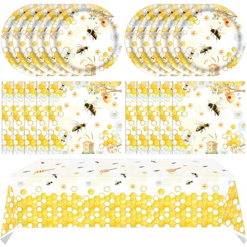 Bee Birthday Party Decorations 41Pcs Bumblebee Themed Tableware Set Include Bee Paper Plates Napkins Tablecloth, for Baby Shower Gender Reveal Kids Boys Girls Birthday Party Decorations, Serves 20
