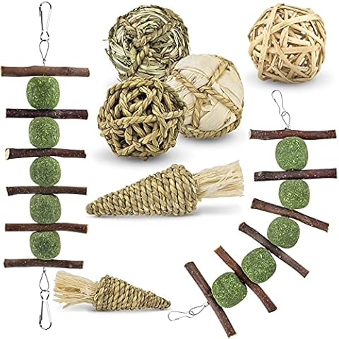ERKOON Guinea Pig Treat Toys, Small Animal Chew Boredom Breaker Natural Rabbit Hamster Teeth Care Molar Grass Balls - Apple Wood for Bunny Chinchillas Gerbils Rats Syrian Chewing Cover