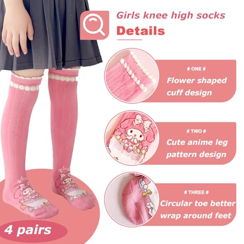 4 Pairs Knee High Socks for Girls & Women, Cute Cartoon Thicken Over Knee Stockings Cotton Long Socks Compression Stocks 15"2