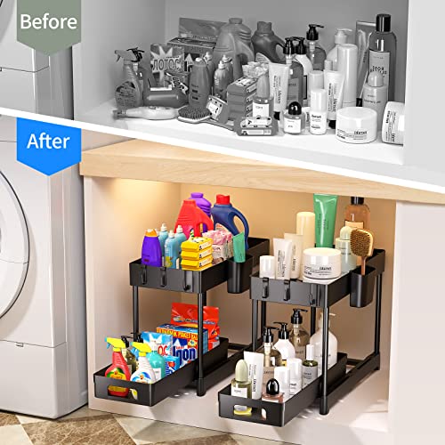 2 Pack Organizadores Bajo Fregadero con Cajón Deslizante, Organizador de 2 Niveles con 8 Ganchos y 2 Vasos Colgantes, Multiusos para Cocina y Baño, Negro miniatura 3