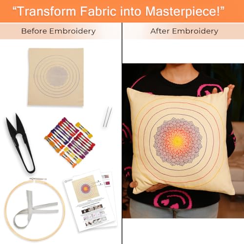 Image of Embroiderymaterial Mandala DIY Embroidery Sofa Cushion Cover Cross Stitch Embroidery Kit for Adult & Beginners Friendly Craft Kit, Hand Embroidery Kit for Decorative Pillow Covers (2PC, 16x16 Inch)