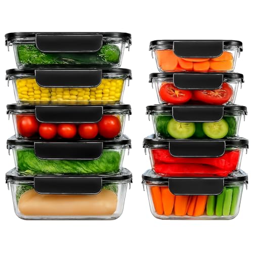 GENERIX Recipientes de vidrio para almacenamiento de alimentos, juego de 10 piezas, 5 x 1040 ml y 5 x 370 ml, tapas herméticas, sin BPA