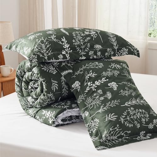 Image of Bedsure Full Comforter Set - Dark Olive Green Bed Set, 3 Pieces Cute Floral Bedding, 1 Soft Reversible Botanical Flowers Comforter and 2 Pillow Shams