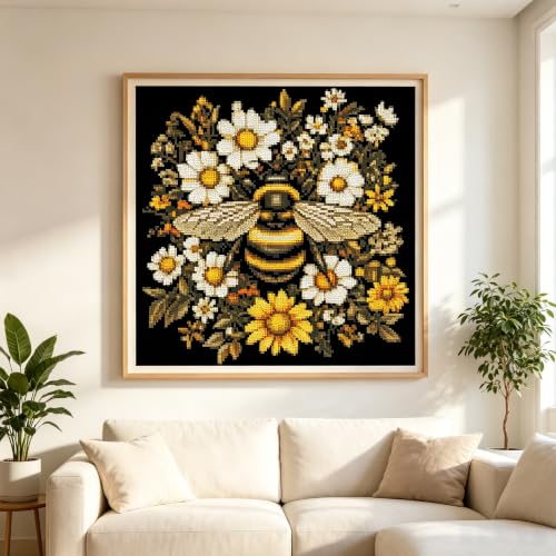 Image of Bee Flowers Stamped Cross Stitch Kits Embroidery Starter Kit for Adults | 11CT Needlepoint Printed Counted Cross-Stitch Animals Patterns Beginners Dimensions Kit Arts and Crafts 14x14inch