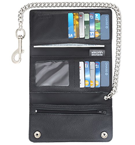 Image of RFID Blocking Men's Tri-fold Vintage Long Style cow Leather With Chain card holder Wallet,MADE IN USA