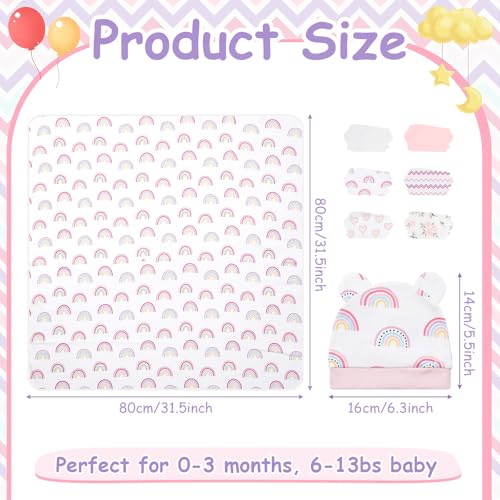 Image of Ramede 6 Set Baby Swaddle Blanket and Hat, 100% Cotton Newborn Receiving Blanket Wrap with Headband, 31.5 inch Soft, Breathable for Girl Boy Nursery Sleep Cradle Sheet Breastfeed Cover(Rainbow,Cute Color)