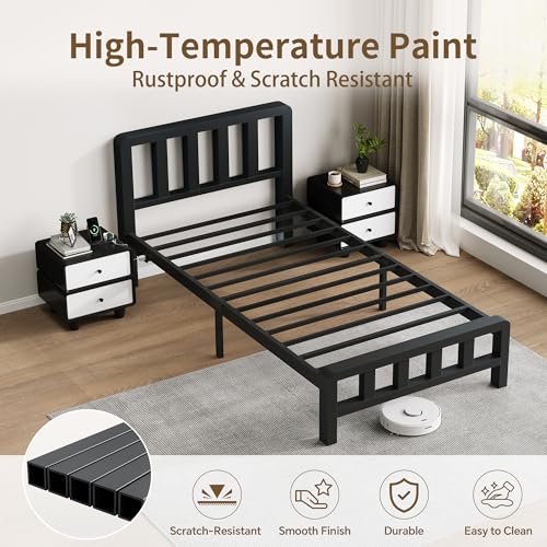 Image of Twin Size Metal Platform Bed Frame with Movable USB Charging Ports | 1500 Lbs Heavy Duty Noise-Free Steel Slats, 10 inch Under Bed Storage, Thickened Vertical Slatted Headboard, for Teens Dorm Adult