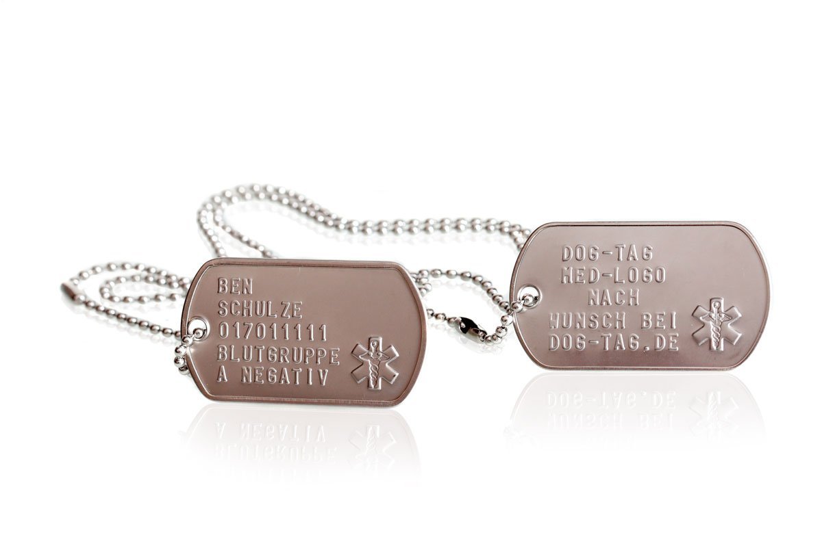 2 Stück personalisierte Erkennungsmarken | Dog Tag Kette mit Prägung | inklusive 2 Ketten & 2 Silencer im Set | diverse Texte und Motive möglich | Rambo | Militär Ausrüstung (Med-Logo)