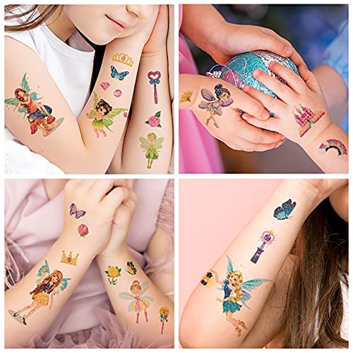 Topfunny Glitter Temporary Tattoos For Kids, Lovely Fairy Tale Magic Fake Tattoo Girls Birthday Party Supplies (10 Sheets) Cute Waterproof Art Wings Stickers Decoration Gifts Favors Sparkly Princess #TOP4