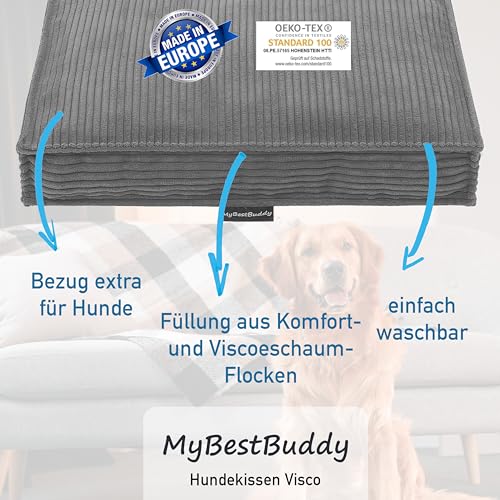 MyBestBuddy Hundekissen Visco grau 80x60 cm L mit POSO-Cord Stoff mit Viscoseschaum und Komfortschaum-Flocken, 40°C waschbar - Hundebett/Haustierbett für mittelgroße Hunde, 80 x 60 cm