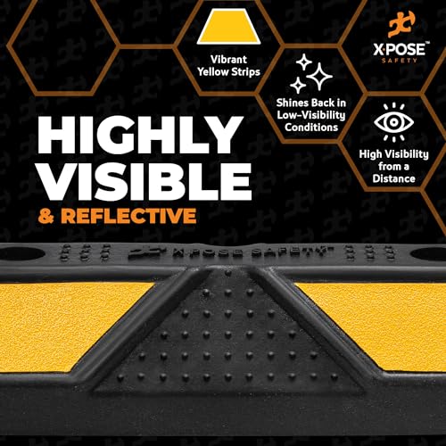 Image of Xpose Safety 22 inch Heavy Duty Rubber Parking Stopper (2 Pack) - Wheel Stops, Parking Lot Bumpers & Rubber Parking Curb for Garage, Driveway or Ramp - Car Bumper Stops with Yellow Reflective Strips