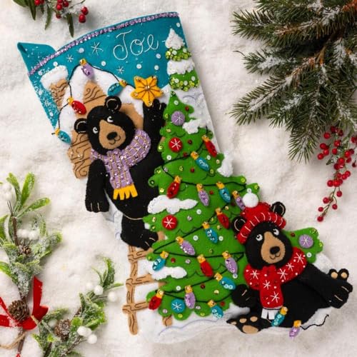 Image of Bucilla Felt Applique 18 inch Stocking Making Kit, Holiday Black Bears, Perfect for DIY Arts and Crafts, 89622E