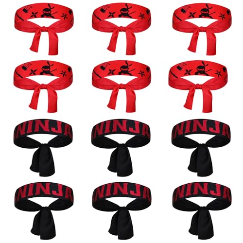 Jokureao Lot de 12 bandeaux ninjas, accessoires de fête ninja, noir et rouge, bandeaux classiques pour enfants, cadeaux d'invités, pour fête d'anniversaire, karaté