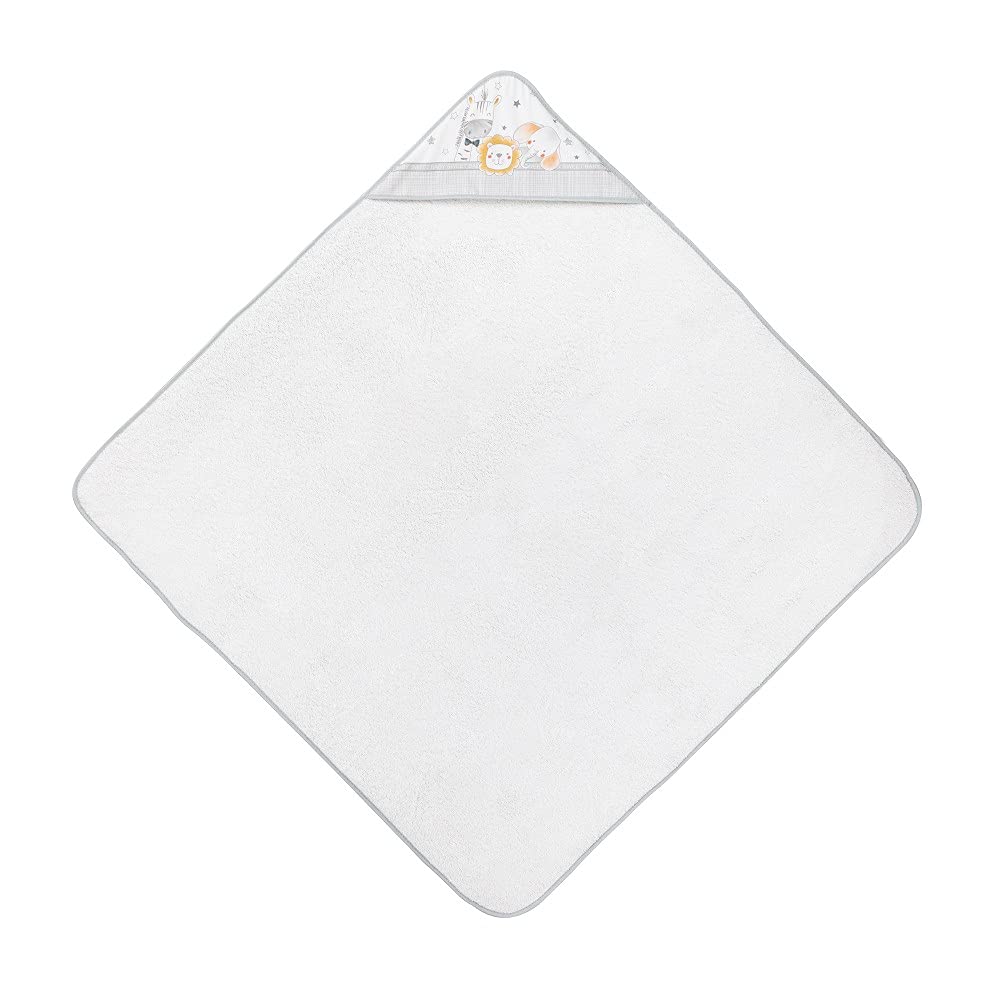 Interbaby - Capa de Baño Bebe Blanco/Gris | Toalla Bebe con Capucha 100% Algodón, 100x100cm, Unisex | Suave, Cómoda, Secado Rápido | Ideal Recién Nacidos, Bebes y Niños Pequeños | Diseño Animalitos