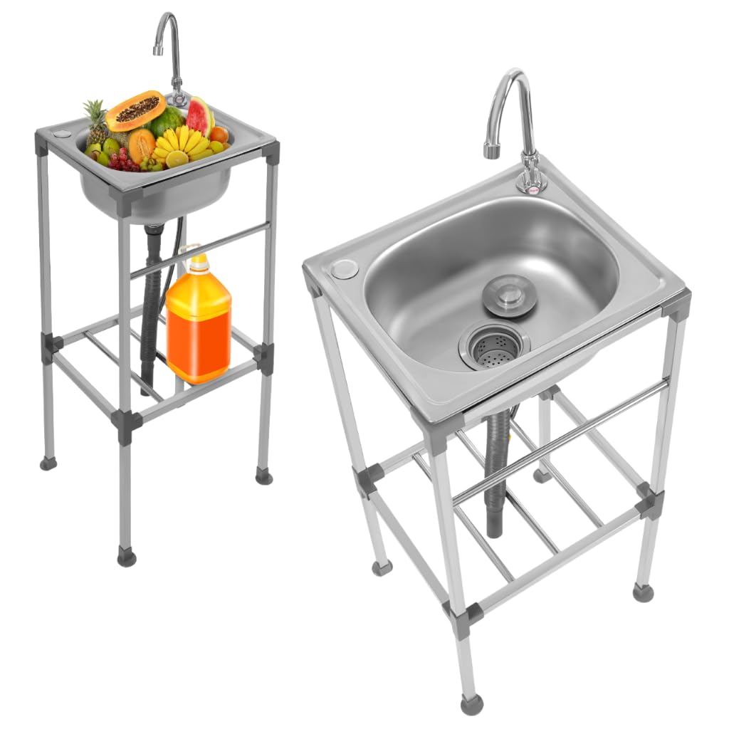 Évier Autonome Inox de Cuisine 1 Bac Évier Sur Pieds Acier Anti-Eclaboussures Lavabo Professionnel Faire la Plonge Restaurants Salle de Bain Garages Entrepôts 38 * 33 * 83cm