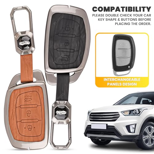 Image of Car Key Cover Compatible with Hyundai i20, Creta, Venue, Tucson, Alcazar, Verna, Xcent, Aura, Elantra 3-Button Smart Key (2 in 1 Dual Leather Metal)