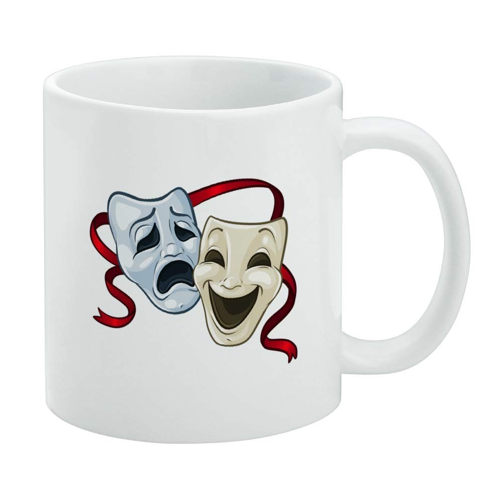 Drama Comedy Tragedy Masks Theater Ceramic Coffee Mug, Novelty Gift Mugs for Coffee, Tea and Hot Drinks, 11oz, White