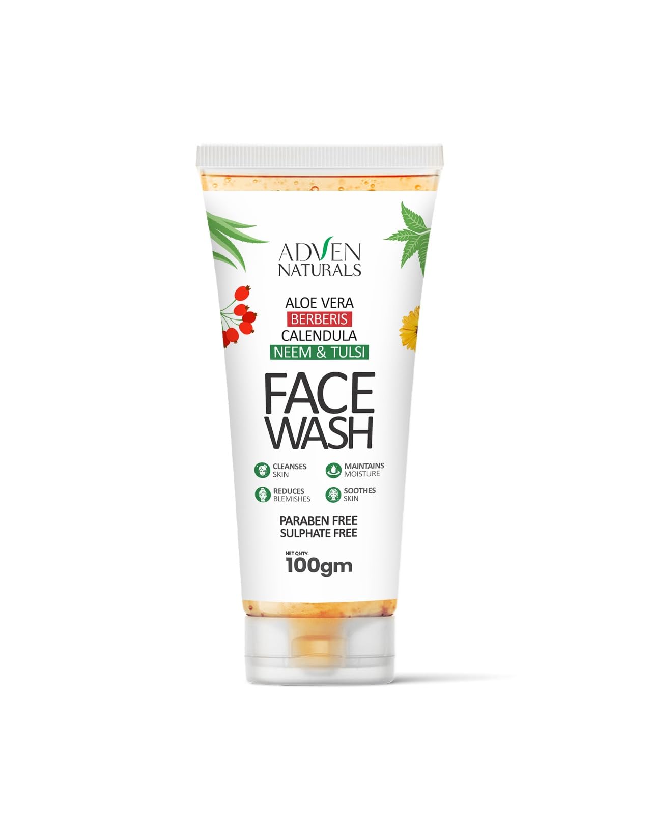 ADVEN NATURALS FACE WASH WITH ALOE VERA, BERBERIS, CALENDULA, NEEM & TULSI | Paraben free | Sulphate free | Pack of 2 (100GMx2)