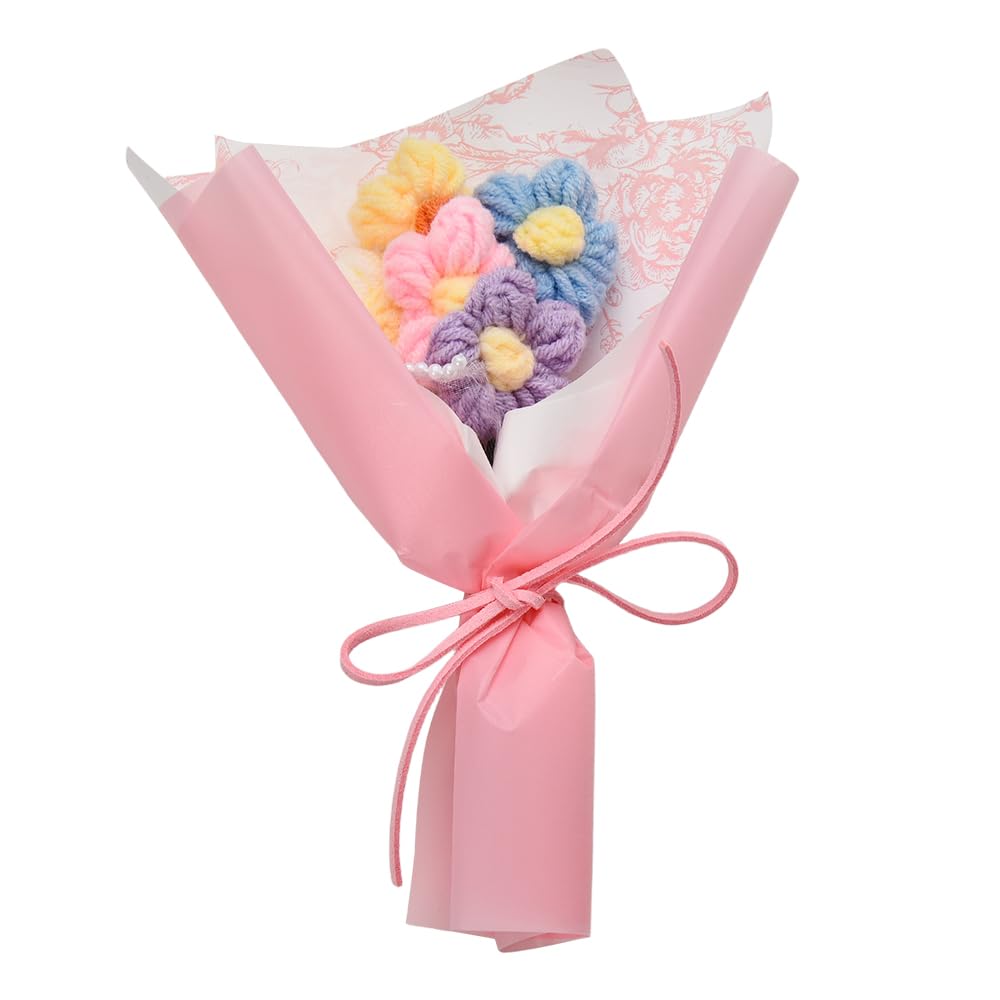 Mini Crochet Flowers Bouquet Kit for Girls Birthday Gifts for Daughter Friends Handmade Knitted Eternal Puff Flower Bouquet Pink Artificial Flowers Home Decor Decorations for Graduation Mothers Day