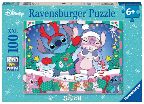 ravensburger - disney stitch christmas - 100 piece jigsaw puzzle - join mischievous stitch amp angel - large pieces for kids - premium quality - ages 6