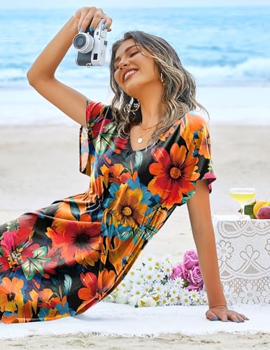 Image of Ekouaer Womens Swimsuit Coverup Short Sleeve Beach Cover Up Dress V Neck Bikini Beachwear