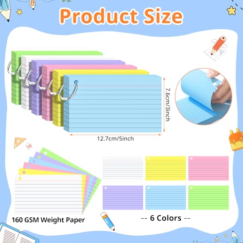 Index Cards 3x5 Inches, 300 PCS, Colored Flash Cards With Ring, Punched Lined Study Card Ruled Flashcards Notecards, Ruled Front And Blank Back, Note Card for School, College And Home - Image 3