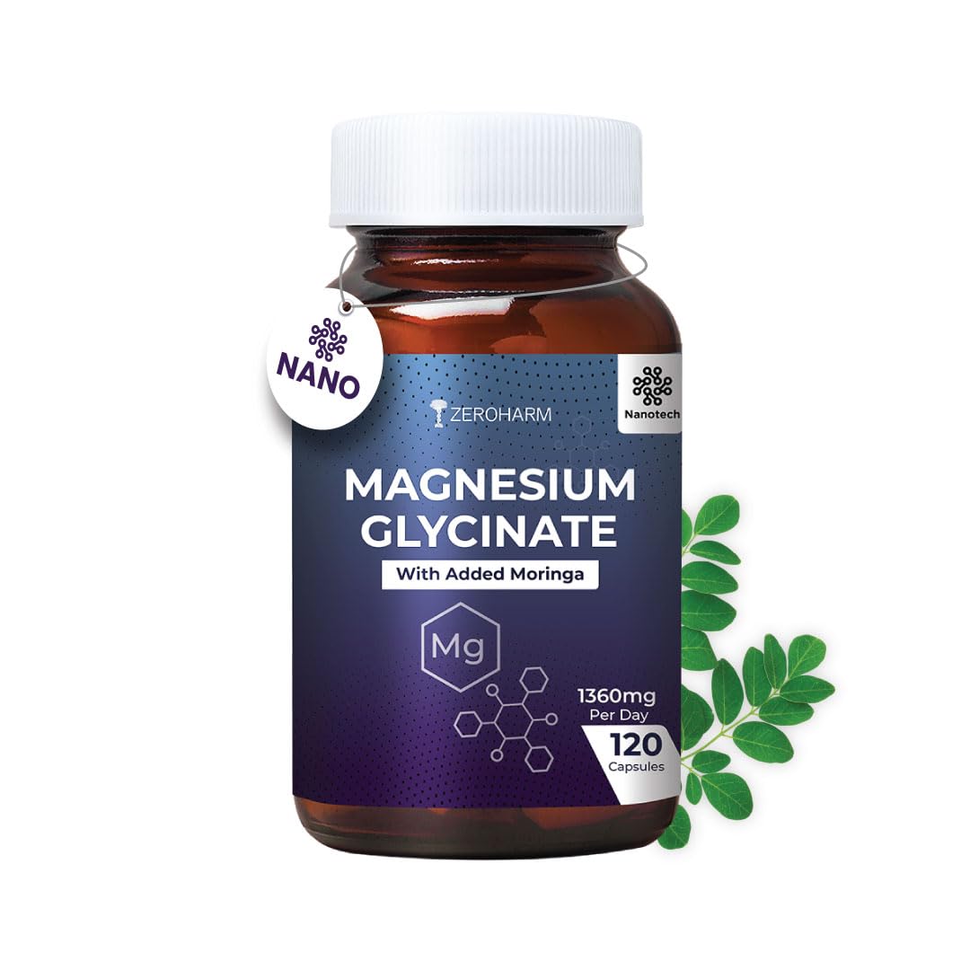 Magnesium Glycinate with Superfood Moringa Extract – For Sleep, Muscle Relaxation, Bone & Heart Health – High Absorption – Plant-based Supplement for Men & Women – 120 Veg Capsules – By ZEROHARM Magnesium Glycinate with Superfood Moringa Extract – For Sleep, Muscle Relaxation, Bone & Heart Health – High Absorption – Plant-based Supplement for Men & Women – 120 Veg Capsules – By ZEROHARM