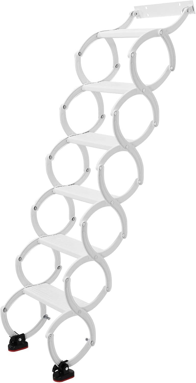 5-8 Steps Wall Mounted Folding Ladder Anti-Slip Steps Attic Ladder Pull Down System 49.21in-78.74in Vertical Height for RV Storehouse (6 Steps)