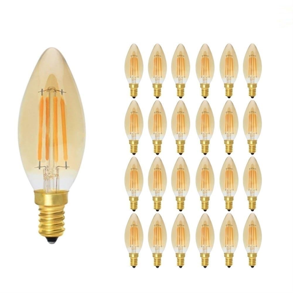 1fortunate Paquete de 5/10/25, bombillas de filamento LED retro C35 4W E14 AC220V bombilla LED tipo vela lámpara de vidrio ámbar(25PCS)