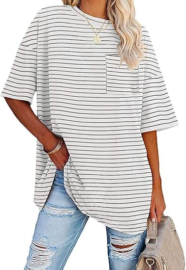 Ebifin Oversize Gestreifte T Shirt Oberteile Damen Rundhals Kurzärmeliges Tops Casual Lockere Basic Sommer Tee Shirts Bluse.