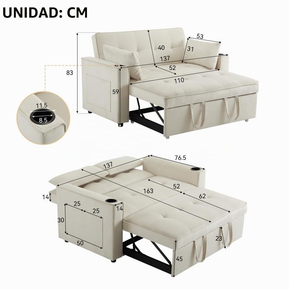 Sofá Cama Plegable, sofá Cama Multifuncional, sofá Lounge con portavasos y Cojines, para salón, Dormitorio (Beige + Terciopelo)