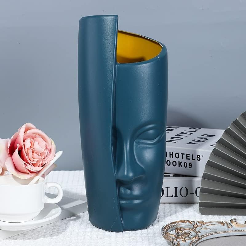 Image of SATYAM KRAFT 1 Pcs Face-Shaped Vase for Home Decor, Living Room, Office, Bedroom, Centre Table, Balcony,Ceramic Look Unbreakable Showpiece Flower Pot for Decorations (Blue) (Vase only) Size - 30 cm