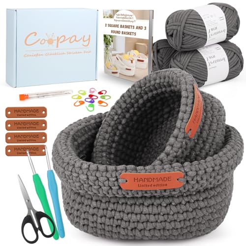 Coopay Häkelset für Anfänger, 2 Größen Square Körbe Häkelset mit Häkelnadel 4,0+4,5mm, Anleitung, 5mm Dicke Wolle zum Häkeln Korb Lernen, Kreative Geschenke für Töchter, Familie und Freunde - Grau