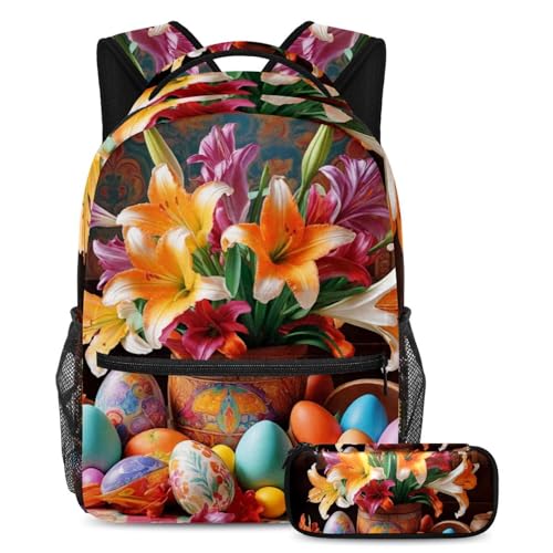 Trousse à crayons et sac d'école assortis aux motifs œufs de lys colorés