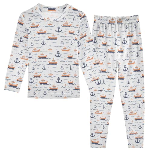 ALAZA Blue Anchor Ship Wave 2 Piece Pajama Set Long Sleeve Top and Pants Sleepwear Unisex