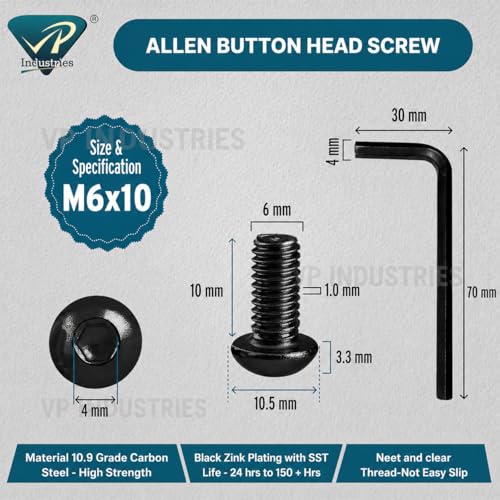 Image of By inchVP INDUSTRIES inch (Pcs-25) M6x10 mm Allen Button Head Cap Screw Black Zinc Plated High Tensile | Round Head Screw for Modular Furniture, Wooden Work, Electrical Fittings, DIY & Industrial Use