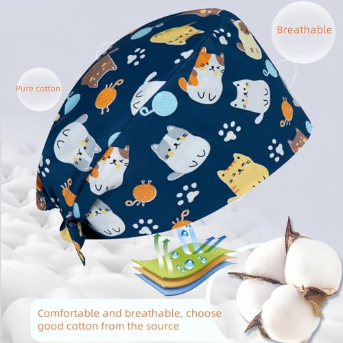 THXFUNAREA OP Haube Damen – Arbeitsmütze mit Katzenmotiv, Stoff OP Haube mit Bindeband, OP Hauben für Klinik Praxis Pflege