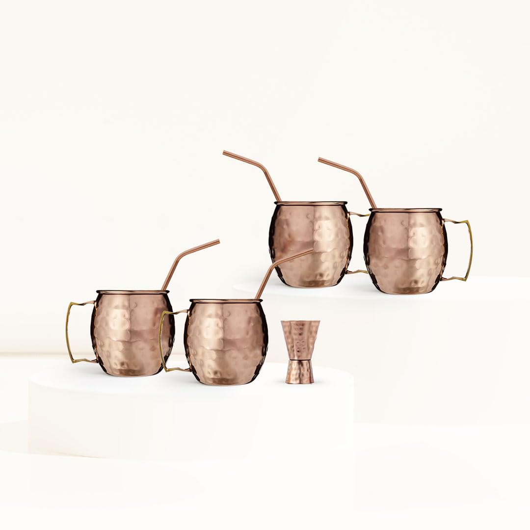 Cocktail Drinkware Bundle - Classic Pure Copper Barrel Mugs Set of 04 (20oz) with 04 EcoSip Reusable Solid Copper Angled Straws and 01 Elite Copper Precision Jigger.
