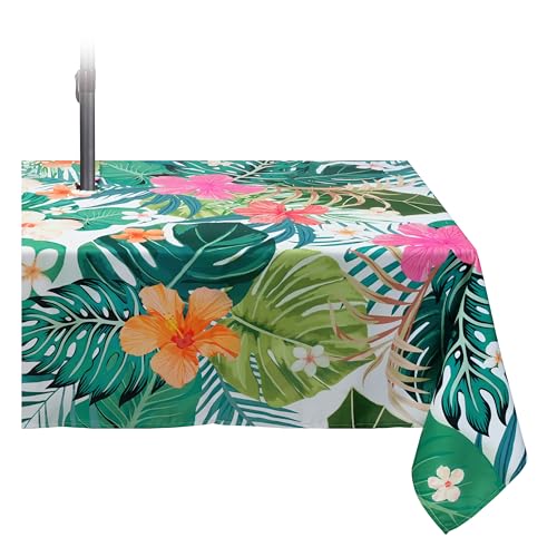 Kamoor Rectangle Outdoor Tablecloth with Umbrella Hole and Zipper Palm Leaves Patio Table Cover 60 x 84 Inch Waterproof Outdoor Table Cloth for Garden Picnic Party
