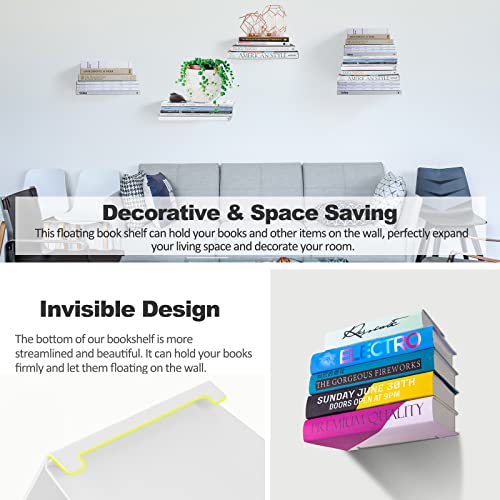 Sheeliy Unsichtbares Bücherregal, Schwebendes Bücherregal, Unsichtbare Regale für Bücher, Schwebendes Regale Wand für Schlafzimmer, Floating Bookshelf Metall Stabil für Büro, Küche, 4 er Set