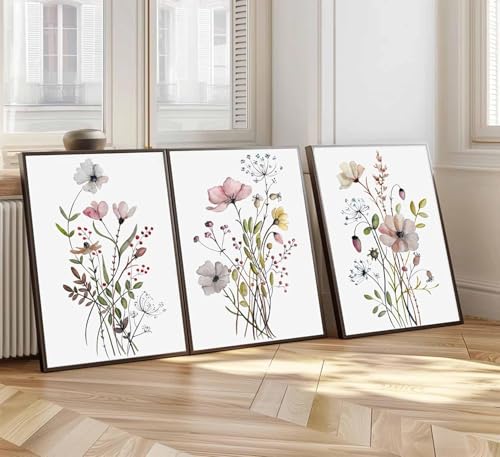 Juego de 3 lienzos de flores silvestres, decoración minimalista de flores de acuarela, impresión botánica vintage, arte de pared para sala de estar, dormitorio, baño (30 x 40 cm)