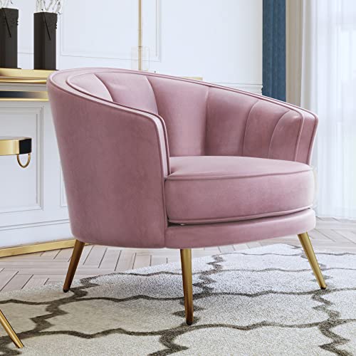 Lumisol Modern Velvet Barrel Chair, Accent Armchair With Golden Legs, Upholstered Channel Tufted Sofa Chair For Living Room, Bedroom (Pink) #TOP3