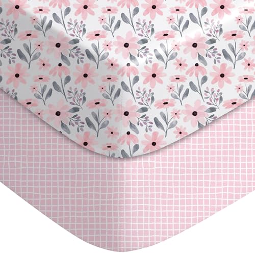 Yoofoss Pack and Play Sheets Girl 2 Pack, 38x26 Mini Crib Sheets Fitted for Baby Compatible with Graco Pack n Play Mattress,Ultra Soft Breathable Microfiber Pink Floral