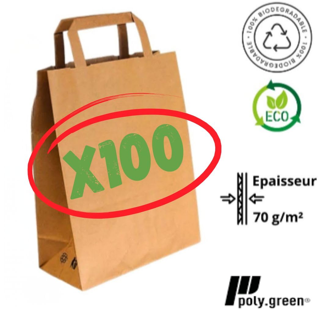 Sac Kraft Papier Recyclé | Fond Plat - Poignées Plates | Lot de 100 Sacs Cabas Haute Résistance | Apte Contact Alimentaire | Commerces - Alimentaire -Vente à Emporter - Cadeaux (32 + 22 X 28)